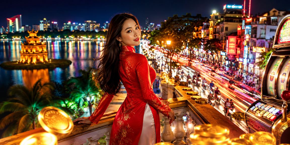 Người dùng Hà Nội trong trang phục áo dài trải nghiệm game slot và cá cược trực tuyến